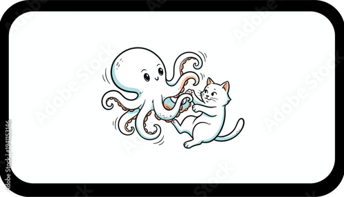 Adorable cartoon octopus and playful cat enjoying a cheerful moment together illustration