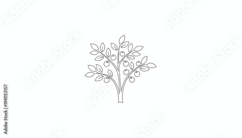 Minimalist line art illustration of a small fruit tree with stylized leaves and bountiful berries