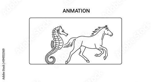 Conceptual line art showing a fusion of a seahorse and a horse within a simple frame