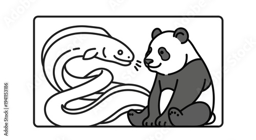 Charming line art portrays an unexpected conversation between a serpentine eel and a furry panda
