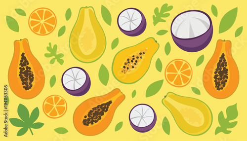 Flat lay illustration of assorted tropical fruits including papaya, passionfruit, and orange on a bright yellow background with green leaves.