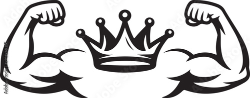 Strong muscular arms flexing with crown symbol royalty power strength concept.