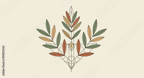 Decorative botanical leaf arrangement vector illustration featuring symmetrical natural foliage leaves and plant stems arranged in an elegant geometric composition designed for modern botanical brandi