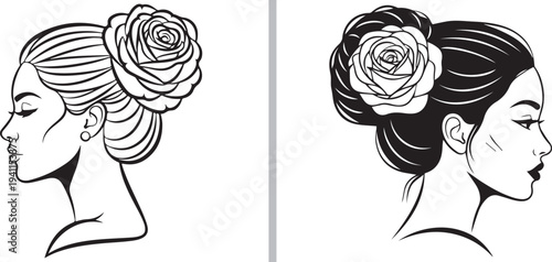 Minimalist vector duo featuring side profiles of women with elegant hair buns adorned by large roses. High-contrast black and white line art perfect for beauty and salon branding.