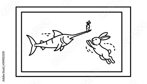 Whimsical line art portraying a swordfish cleverly tempting a jumping rabbit with a dangling