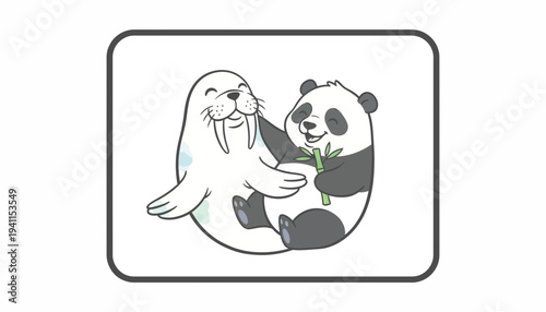 Adorable cartoon walrus embracing a cheerful panda munching on fresh bamboo shoots, a delightful