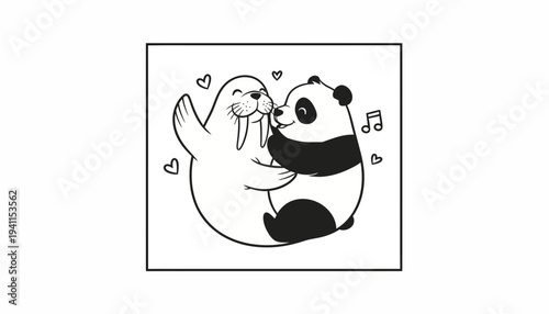 Adorable cartoon walrus and panda hugging happily surrounded by cute musical hearts