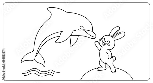 Charming line art illustration depicting a joyful dolphin leaping to greet a happy rabbit on land
