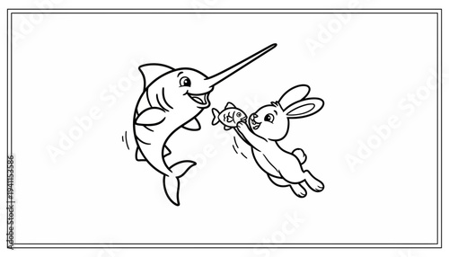 A charming cartoon outline of a cheerful bunny sharing a small fish with a happy swordfish character