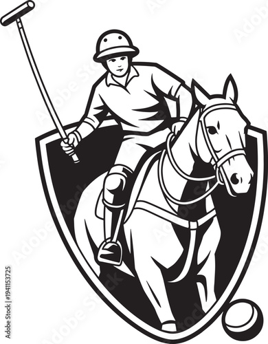 Polo player on horse with mallet and ball inside shield crest vector graphic illustration