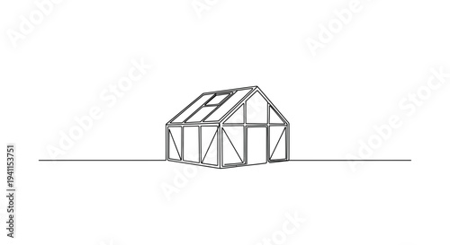 Minimalist continuous line art drawing of a modern greenhouse structure for gardening