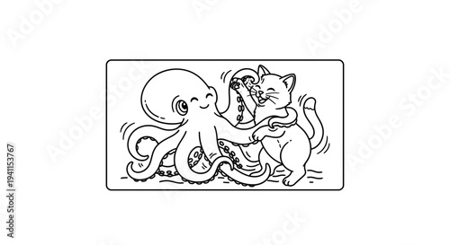 Playful octopus and happy feline dancing together in a charming black and white line art