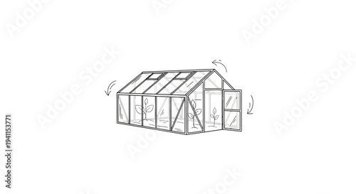 Minimalist line art illustration of a home greenhouse with open vents for plant cultivation