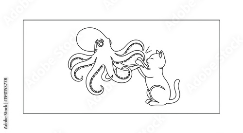 Charming line art of a curious cat playfully interacting with a large, friendly octopus