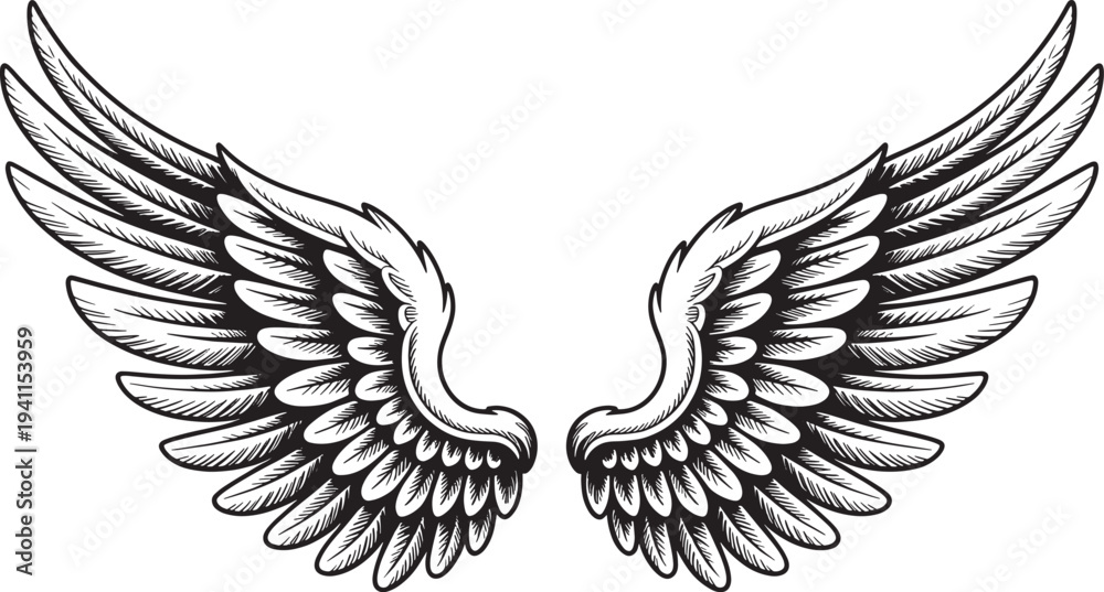 Obraz premium Wings angel pair detailed feathered design spread open vintage style illustration