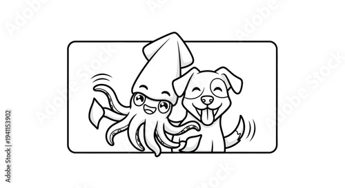 Cheerful cartoon squid and dog friends waving happily in a simple line art illustration
