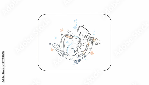 Delicate outline drawing showcasing a tender aquatic and land creature friendship
