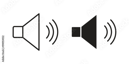 Speaker icon black, line, flat vector, isolated illustration.