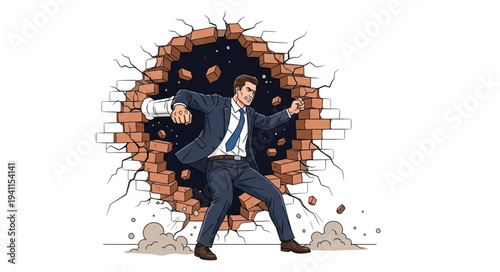 Man Breaking Through Brick Wall.