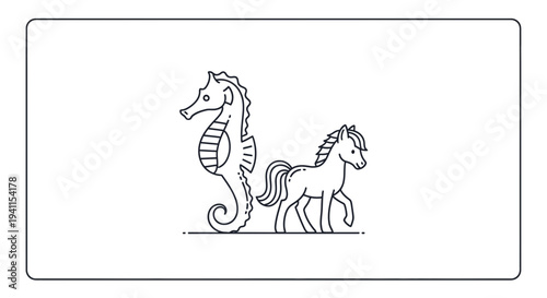 Elegant minimalist line art featuring a seahorse and a horse standing side by side representing