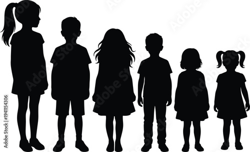 Silhouette of Diverse Group of Six Children Standing in Row from Tallest to Shortest Representing Childhood Growth and Human Development Stages