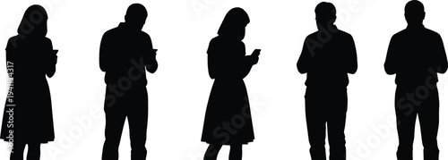 People silhouette using mobile phones collection, men and women looking at smartphone screens, digital communication, social media networking, technology, connectivity.