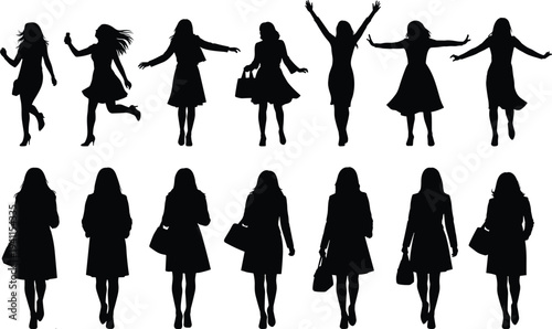 Happy woman silhouette collection, female empowerment, lady walking with handbag, celebrating success, fashion model, casual lifestyle, joyful movement, urban girl.