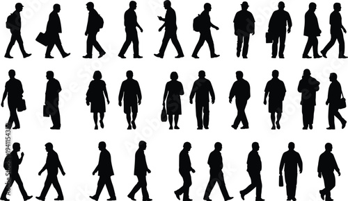 Walking people silhouette collection, pedestrians in motion, urban commuters, daily life routine, men and women traveling, city crowd, movement, transit, and social diversity.