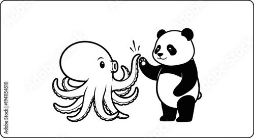Friendly octopus and panda sharing a cheerful high-five illustration for children