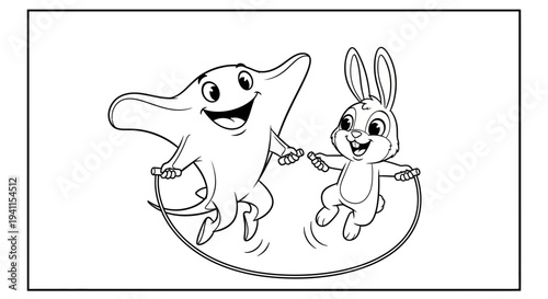 Cheerful Manta Ray and Bunny Rabbit Engage in Lively Jump Rope Play Together for Active Fun