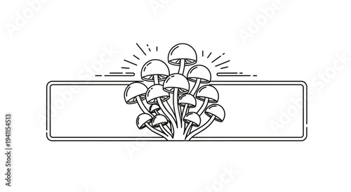 Minimalist black and white line art illustration of a vibrant mushroom cluster with a clean