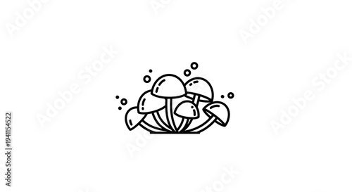 Minimalist black and white line art illustration of a cluster of small woodland fungi with subtle