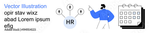 Workforce Planning, Employee Management, Productivity, Scheduling, HR Communication, Business Strategy. Man pointing to HR network and calendar. Workforce planning and employee management concept
