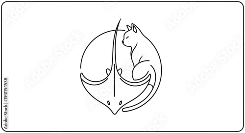 Minimalist line art illustration portraying a harmonious fusion of a serene feline and graceful