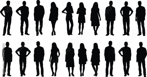 Black silhouettes of standing people, diverse men and women in casual poses, young adults, set of human figures isolated on white