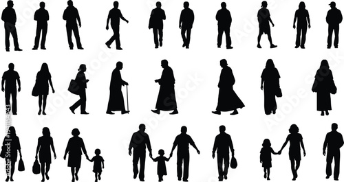 Black silhouettes of diverse people, walking men and women, families with children, senior citizens, and urban pedestrians isolated on white