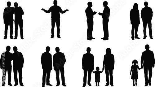 Black silhouettes of diverse people, families, couples, dogs, and active individuals for community, lifestyle, fitness, and social togetherness concept designs.