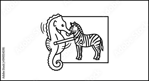 Whimsical seahorse artist drawing unique stripes on a standing zebra illustration