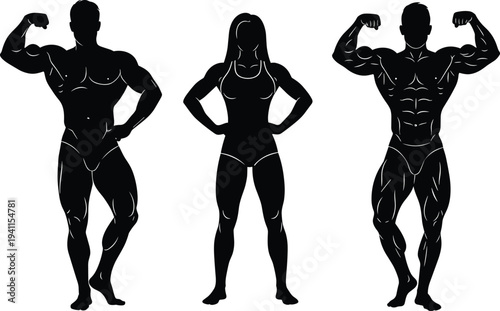 Male and female bodybuilder silhouettes posing for fitness competition muscle building training and athletic performance isolated on white background for gym and wellness