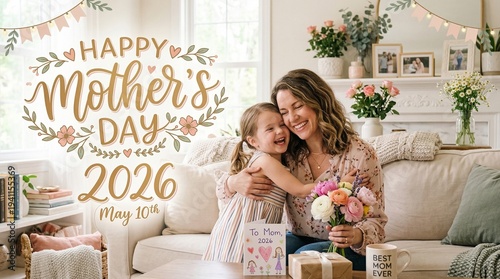 A happy mother and daughter celebrating Mother's Day with gifts and flowers in a cozy living room