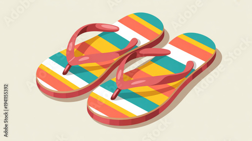 Colorful striped flip flops with red straps on beige background for summer vacation and leisure activities