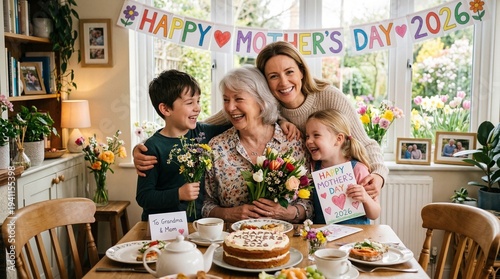 A happy family celebrating Mother's Day together in a cozy home with flowers and cake