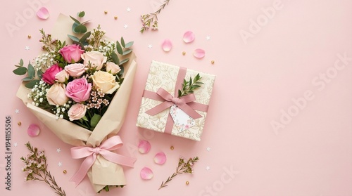 A beautifully wrapped bouquet of roses and a gift box on a pink background