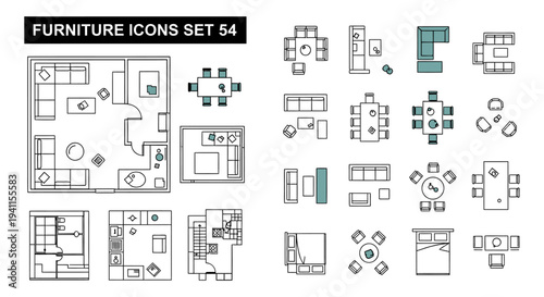 minimalist furniture icons and floor plans top-down view for architectural blueprints and modern interior design projects.