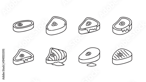Collection of Raw Steak Cuts Hand-Drawn Icon Set Food Illustration