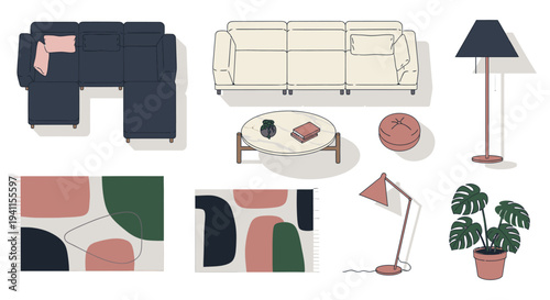 top-down modern home decor set featuring stylish sofas lamps rugs and coffee table for interior design concepts.