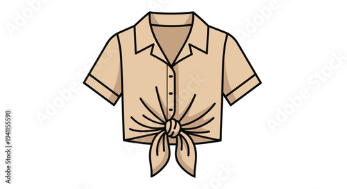 Stylish beige short-sleeved crop top with a tied front knot detail and a collared neckline, perfect for casual summer wear.