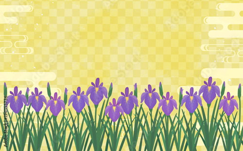 菖蒲と金の和柄背景4_横