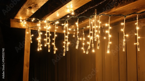A beautiful walkway is adorned with dangling LED lights of varying lengths, creating a magical atmosphere under the night sky, illuminating the path below.
