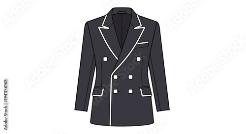 Stylish double-breasted navy blazer with white piping and gold buttons, featuring a sharp tailored fit for an elegant and refined look.